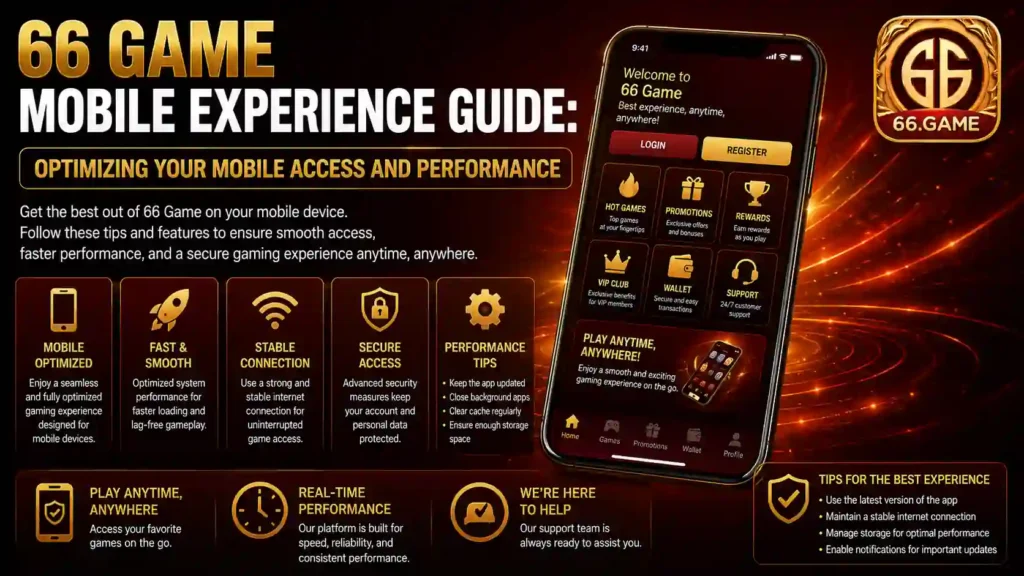 66 Game Mobile Experience banner showcasing mobile optimization, fast performance, secure access, smooth navigation, and enhanced user experience features for 66 Game users.