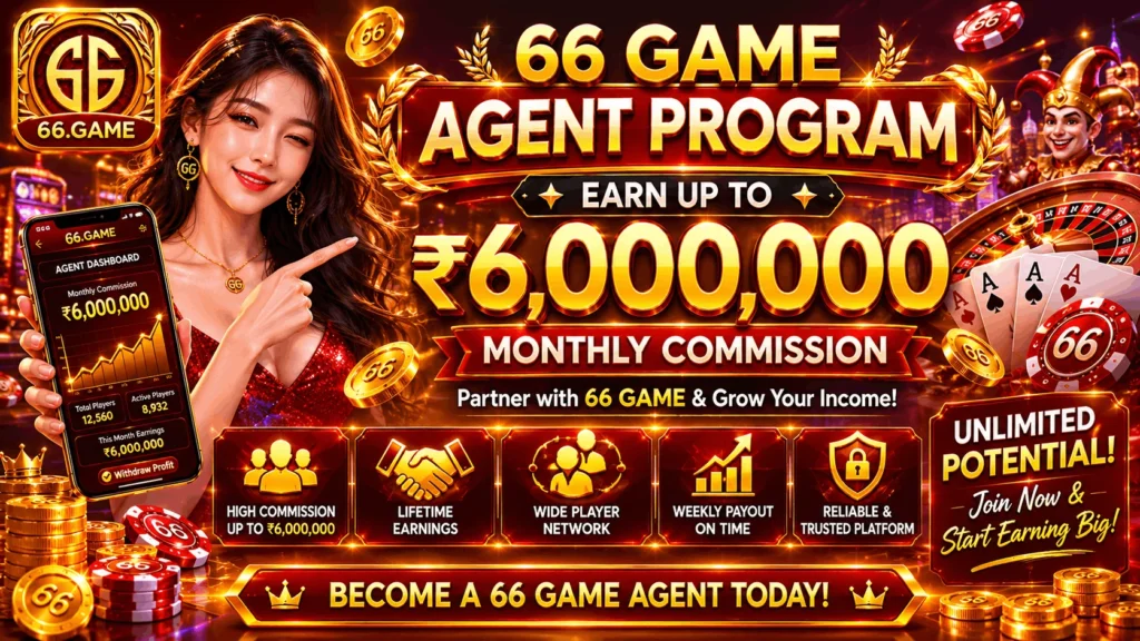 66 GAME affiliate agent program advertisement with a luxury casino background, gold coins, poker cards, smartphone display, and monthly commission earnings up to ₹6,000,000.