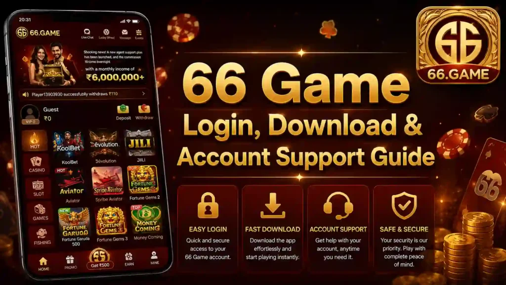 66 Game login, download and account support guide featuring secure access, fast download options, and customer assistance
