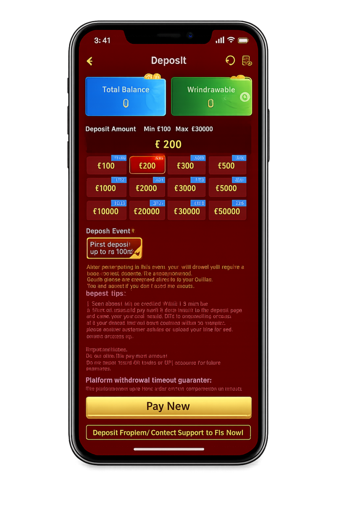 66 Game deposit page showing a first deposit bonus of up to 100%, multiple deposit amount options, and a Pay Now button.